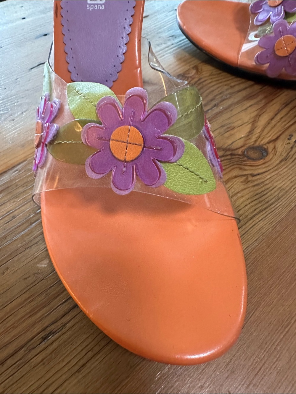 Floral Clear Strap Orange Sandals with Purple Accents. Beautiful Barbi colors! - Picture 4 of 6